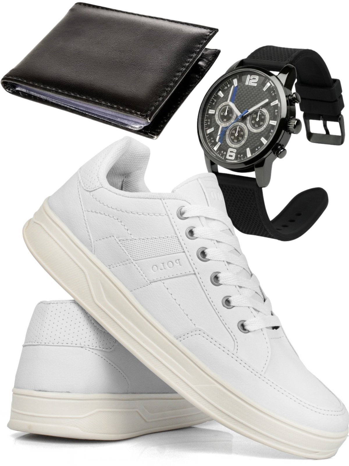 Kit Tênis Casual Masculino Sapatofran Sapatênis Sola Sneakers com Relógio e Carteira Branco