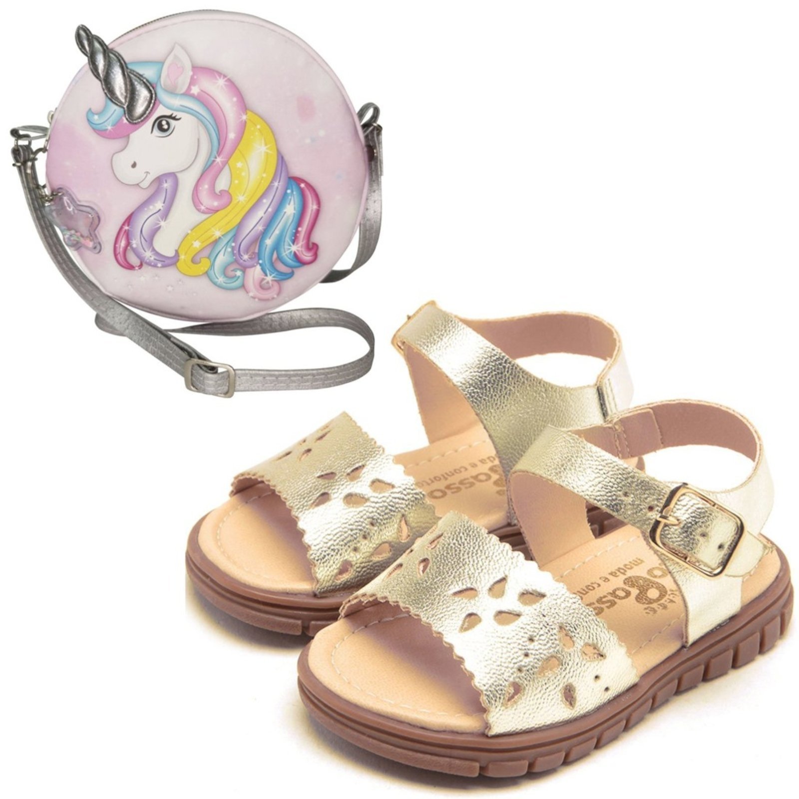 Vista 2 Infantil - KIT Sandália Anatômica Menina + Bolsinha Unicornio Ortopasso dourado
