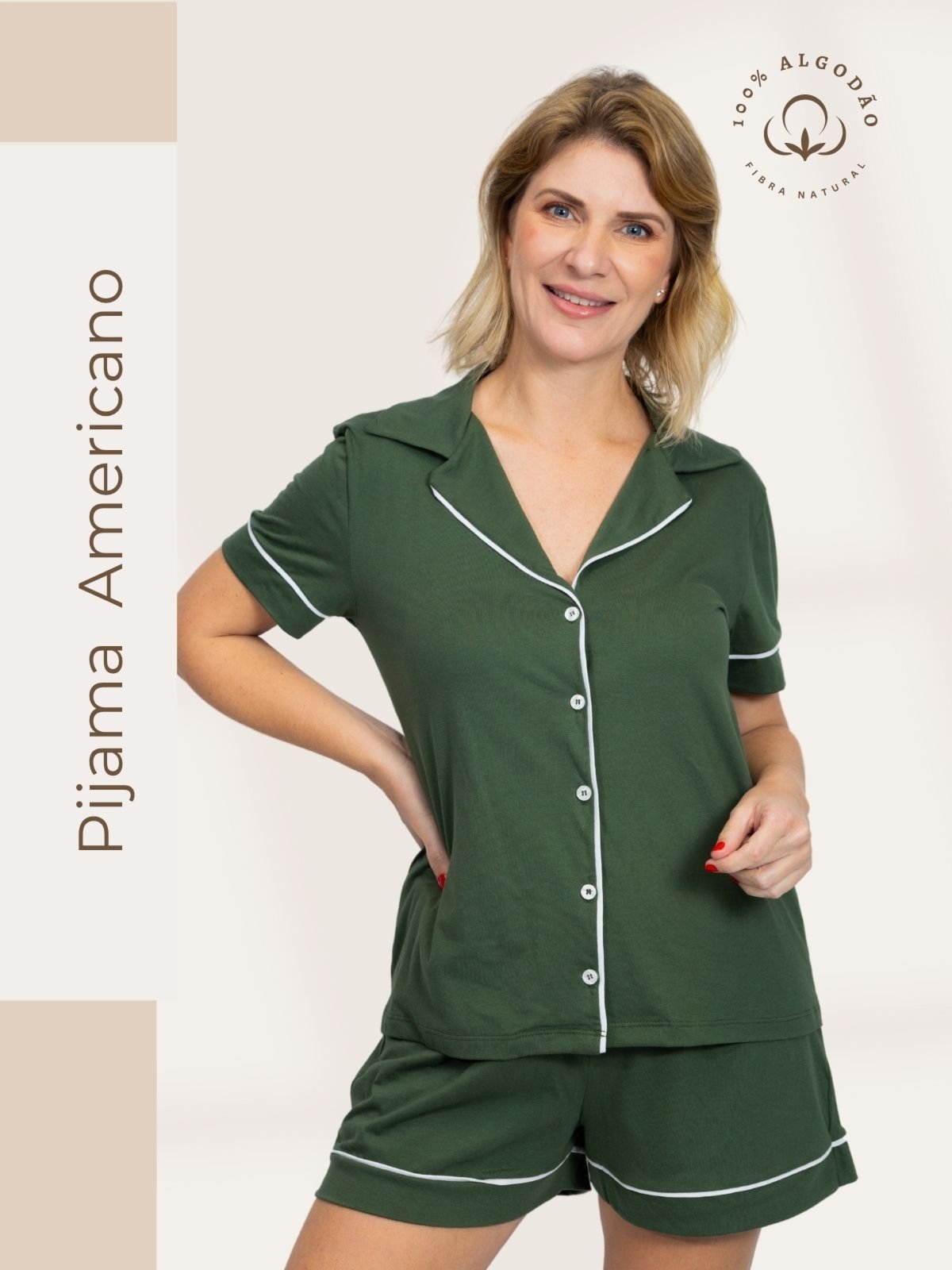 Pijama Piante Algodão Feminino Americano Curto Verde Militar