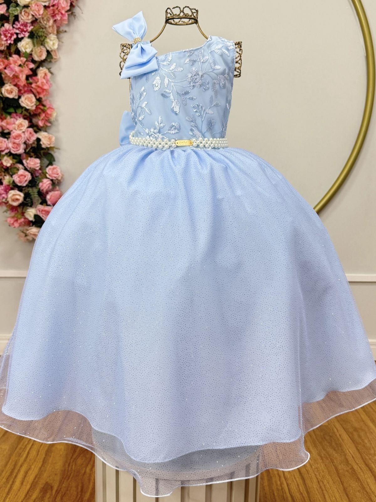 Infantil - Vestido Longo Social Azul Claro Festa Formatura Casamento Pérolas Dama Daminha Menina Juvenil Princesa Rodado Florista Aniversário Luxo