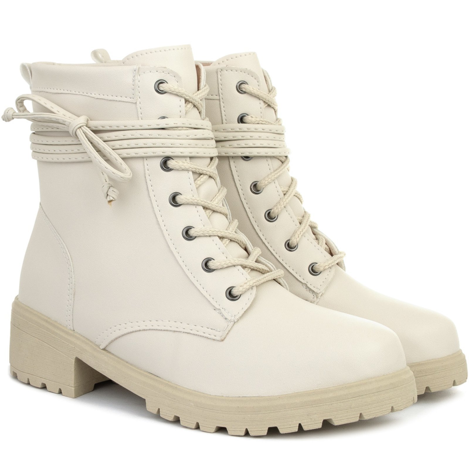 Bota Coturno Feminina Tratorada Amarrar Laço Confortável Olzzy Off White