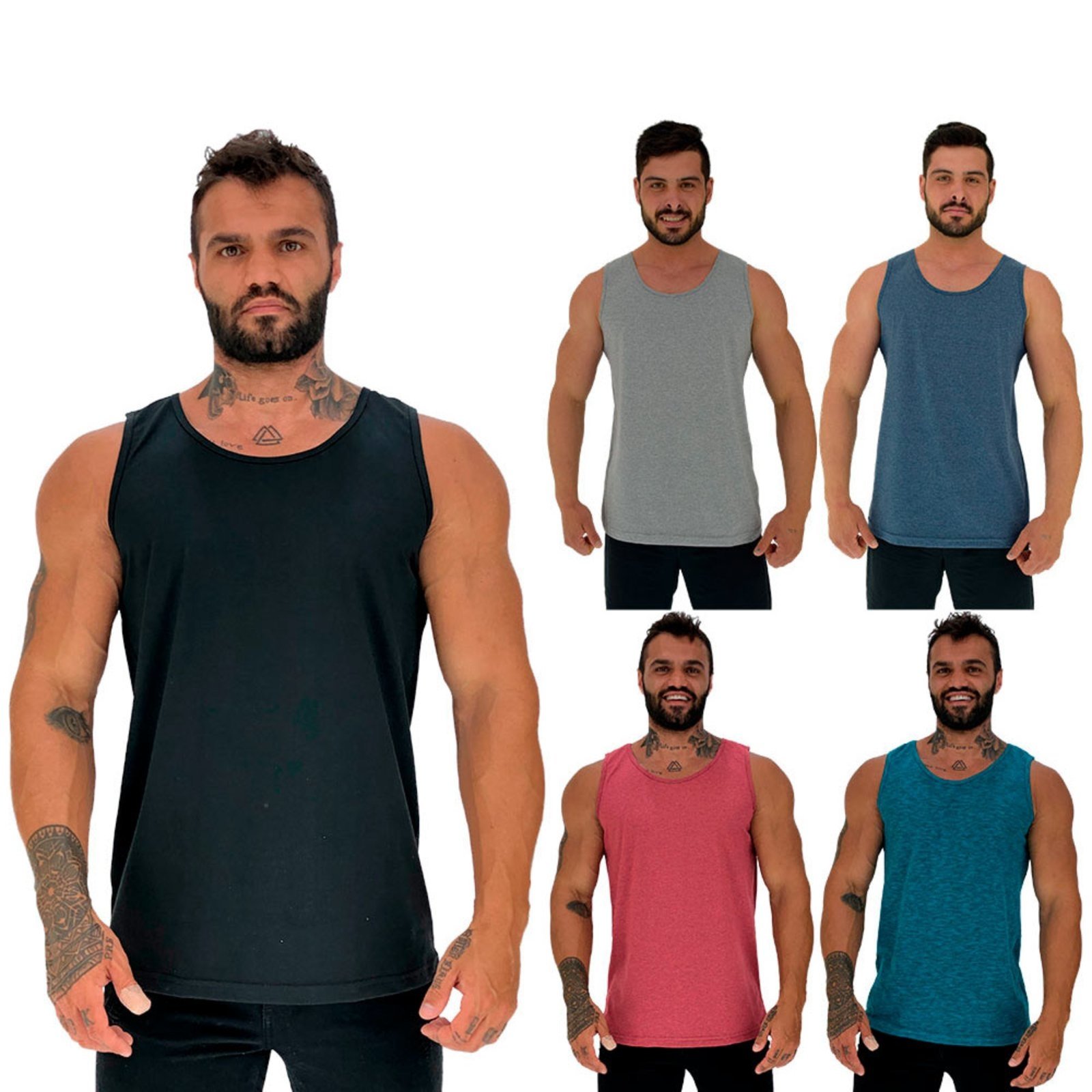 Kit 5 Regata Clássica Masculina Alto Conceito Slim Preto, Mescla, Mescla Marinho, Mescla Vermelho e Nuno Azul