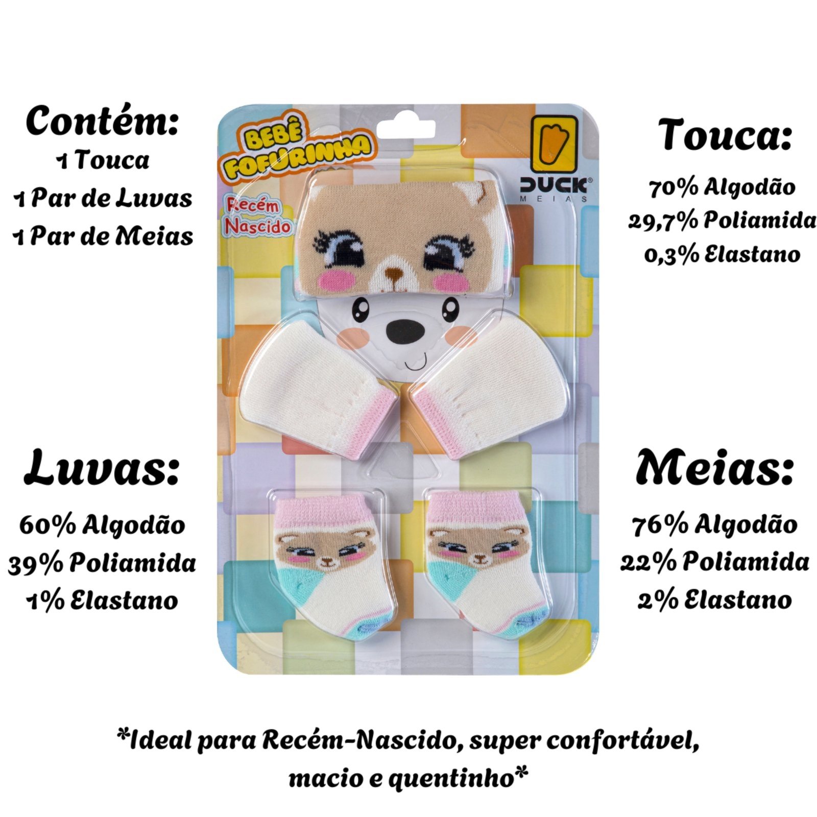 Vista 3 Infantil - Conjunto Enxoval Toca Luva E Meia Recem Nascido Meninas Angipé branco/marrom Angipé branco/marrom
