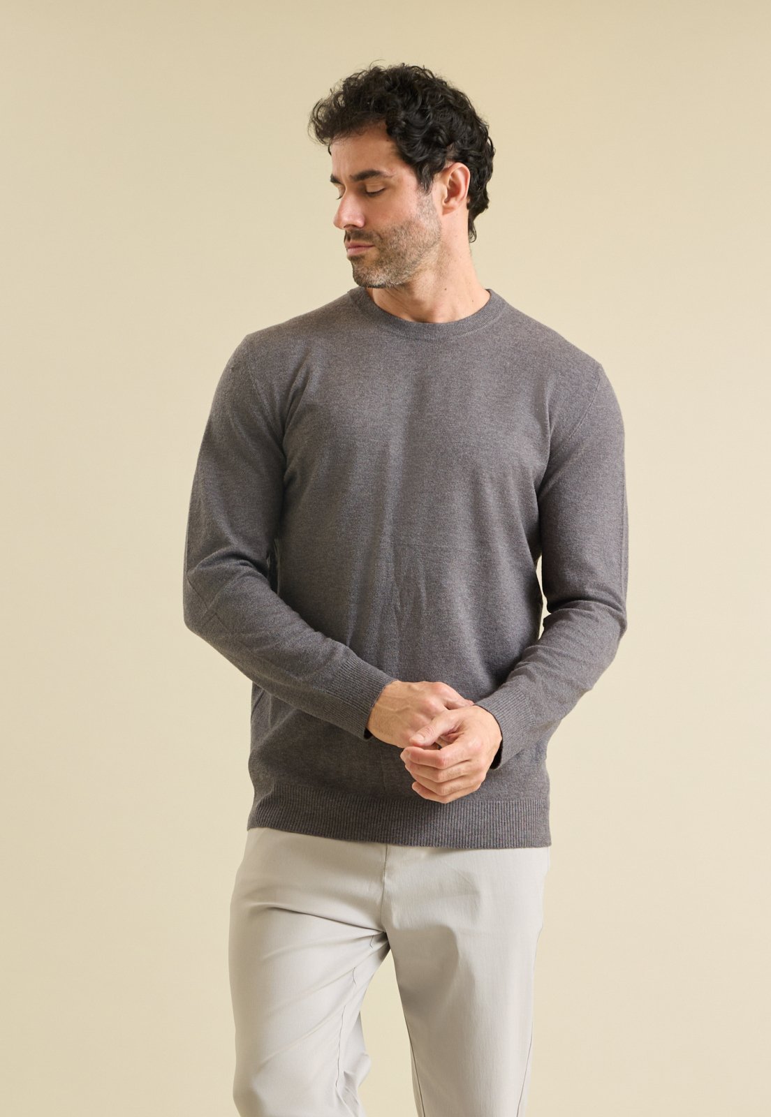 Suéter de Tricot Cashmere Masculino Casual Chumbo Dialogo