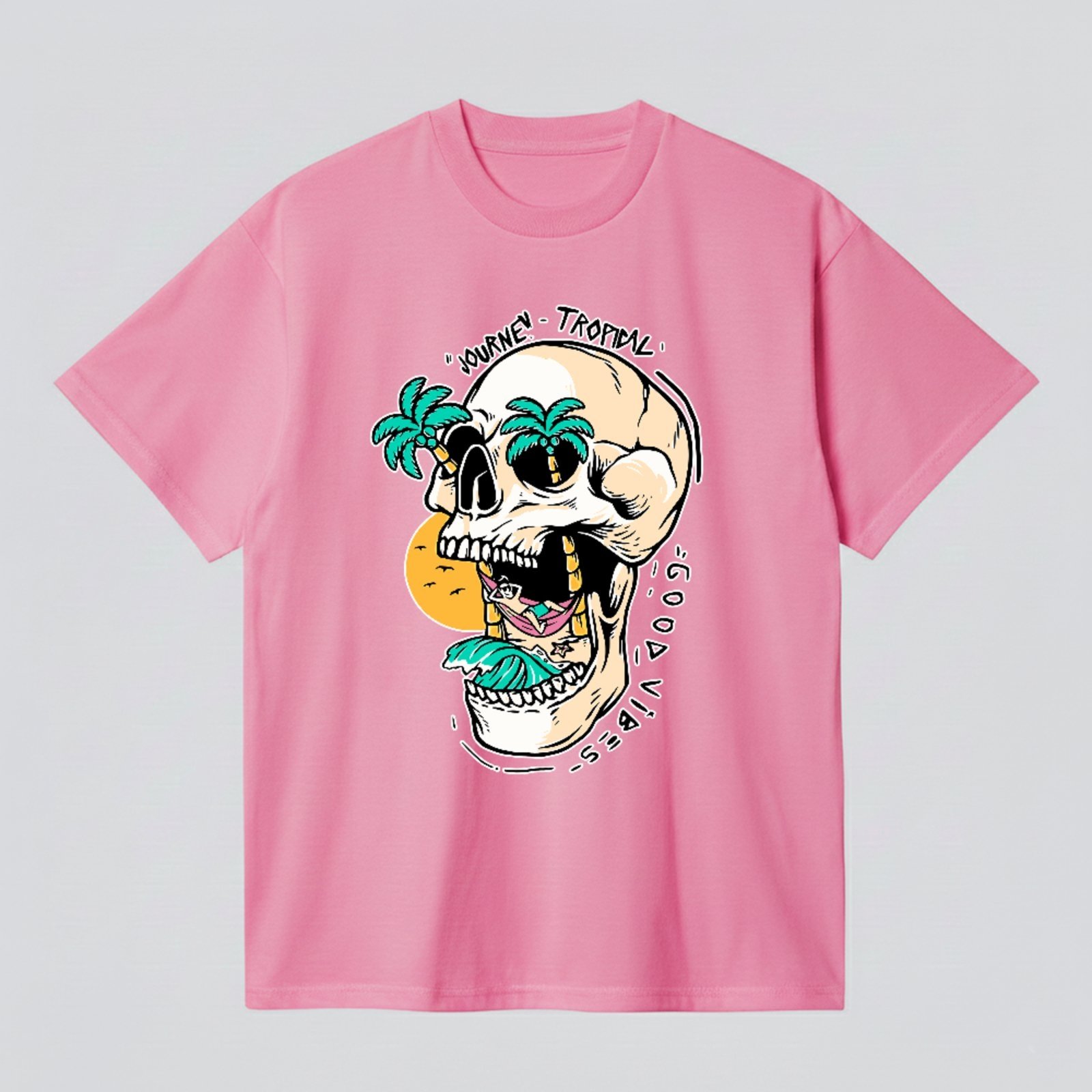 Camiseta Básica Caveira Tropical Praia Verão Streetwear Estilo Rosa