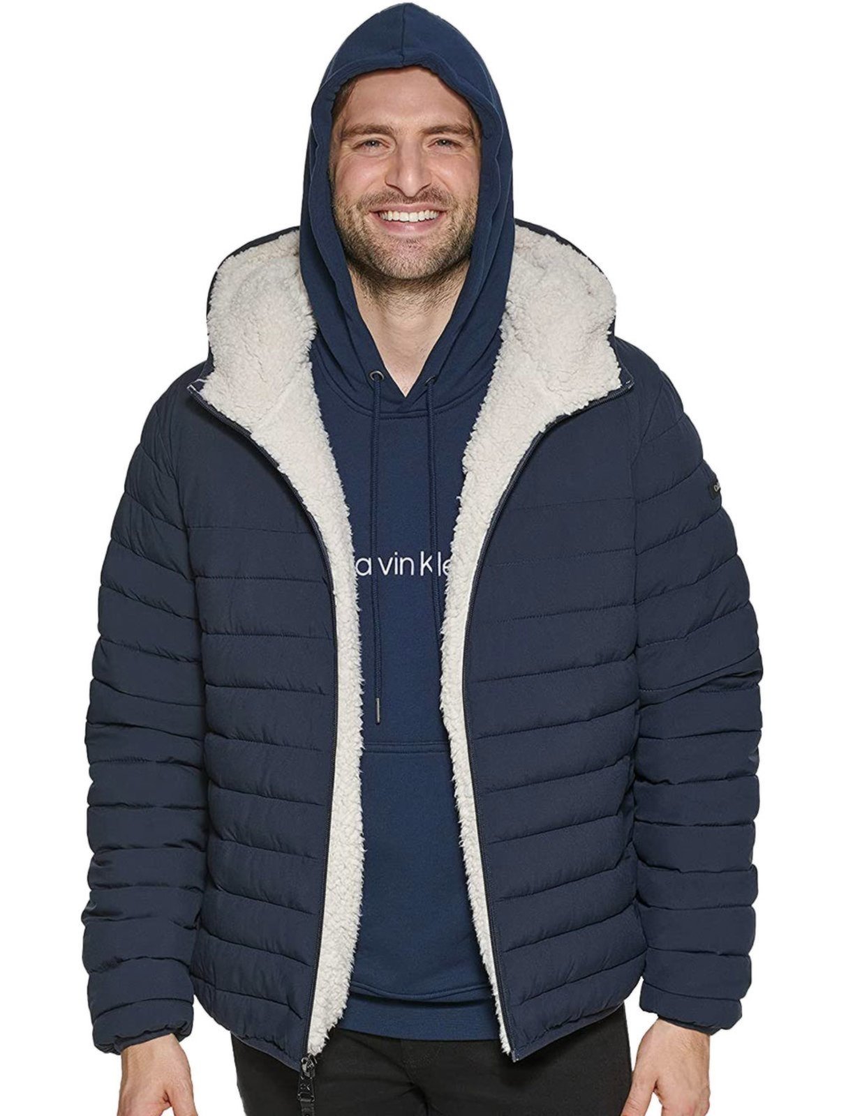 Jaqueta Calvin Klein Masculina Hoodie Matelassê Sherpa Azul Marinho