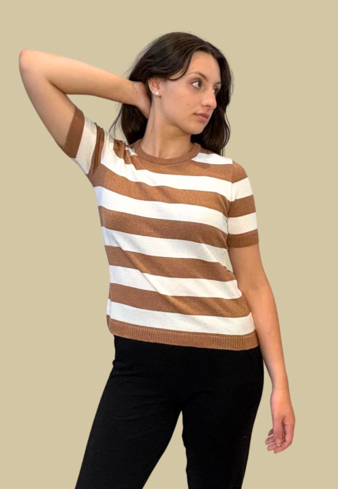 Blusa Listrada Tomasini Tricot Manga Curta Caramelo