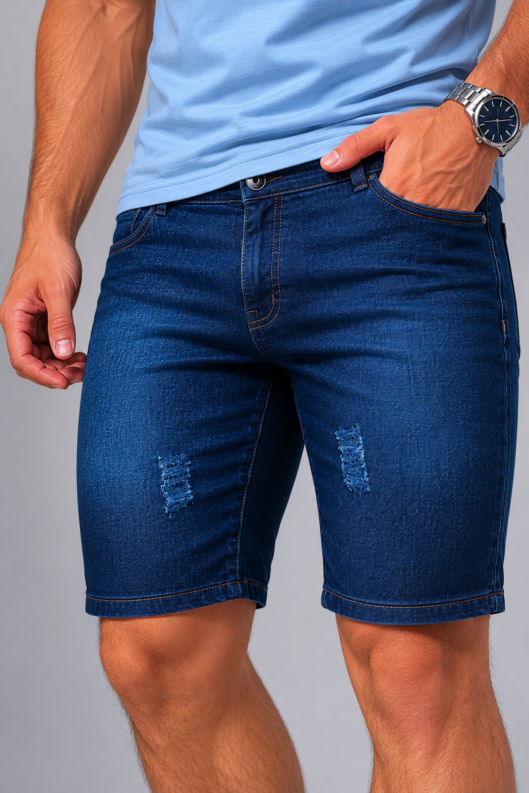 Bermuda Jeans Masculina Premium Puidos Purple Conforto Casual Alta Qualidade Azul Escuro