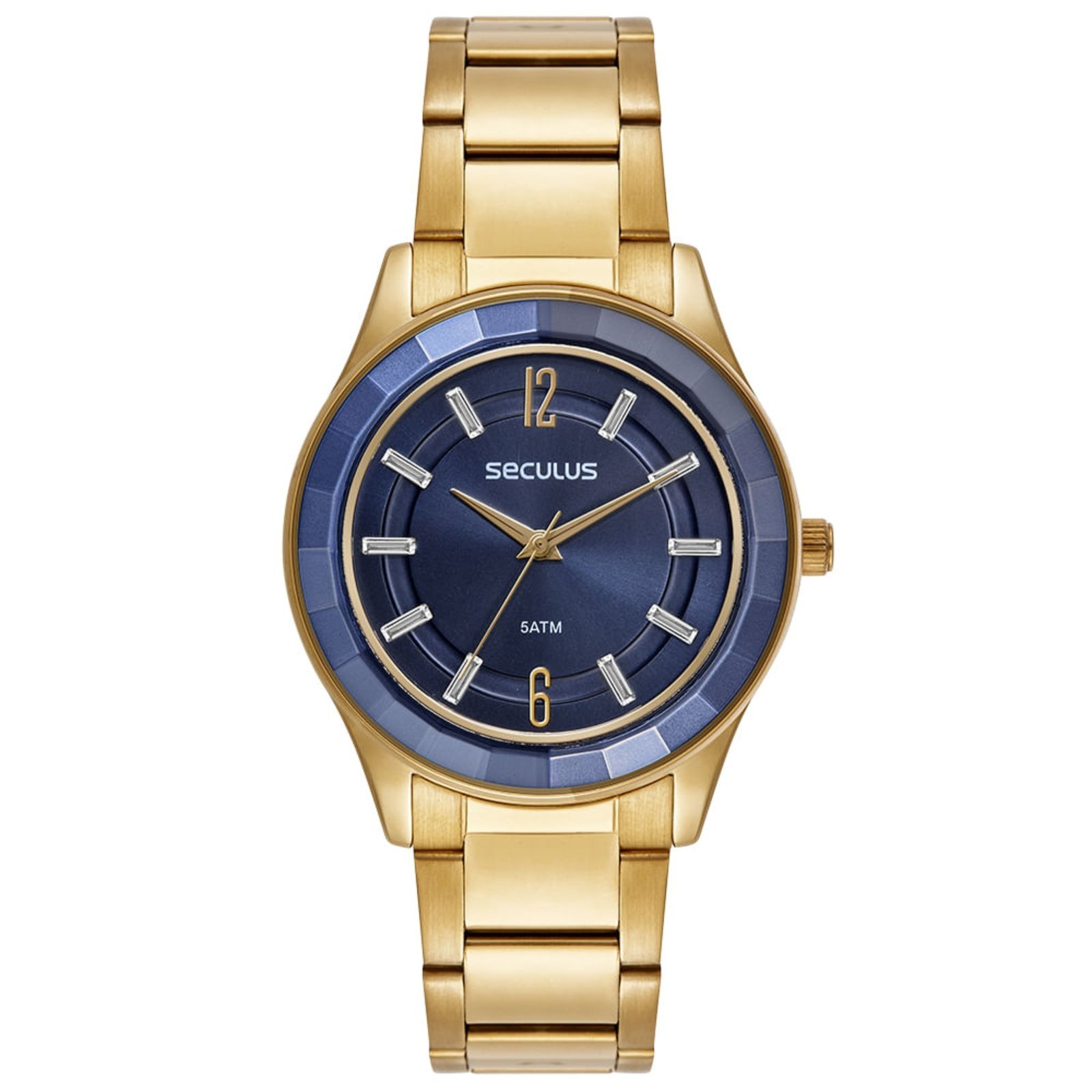 Relógio Feminino Vidro Facetado Cristais Azul e Dourado Seculus