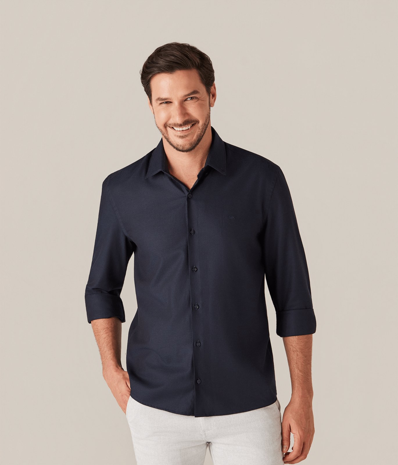 Camisa Business Com Botton Down Masculina Azul Marinho