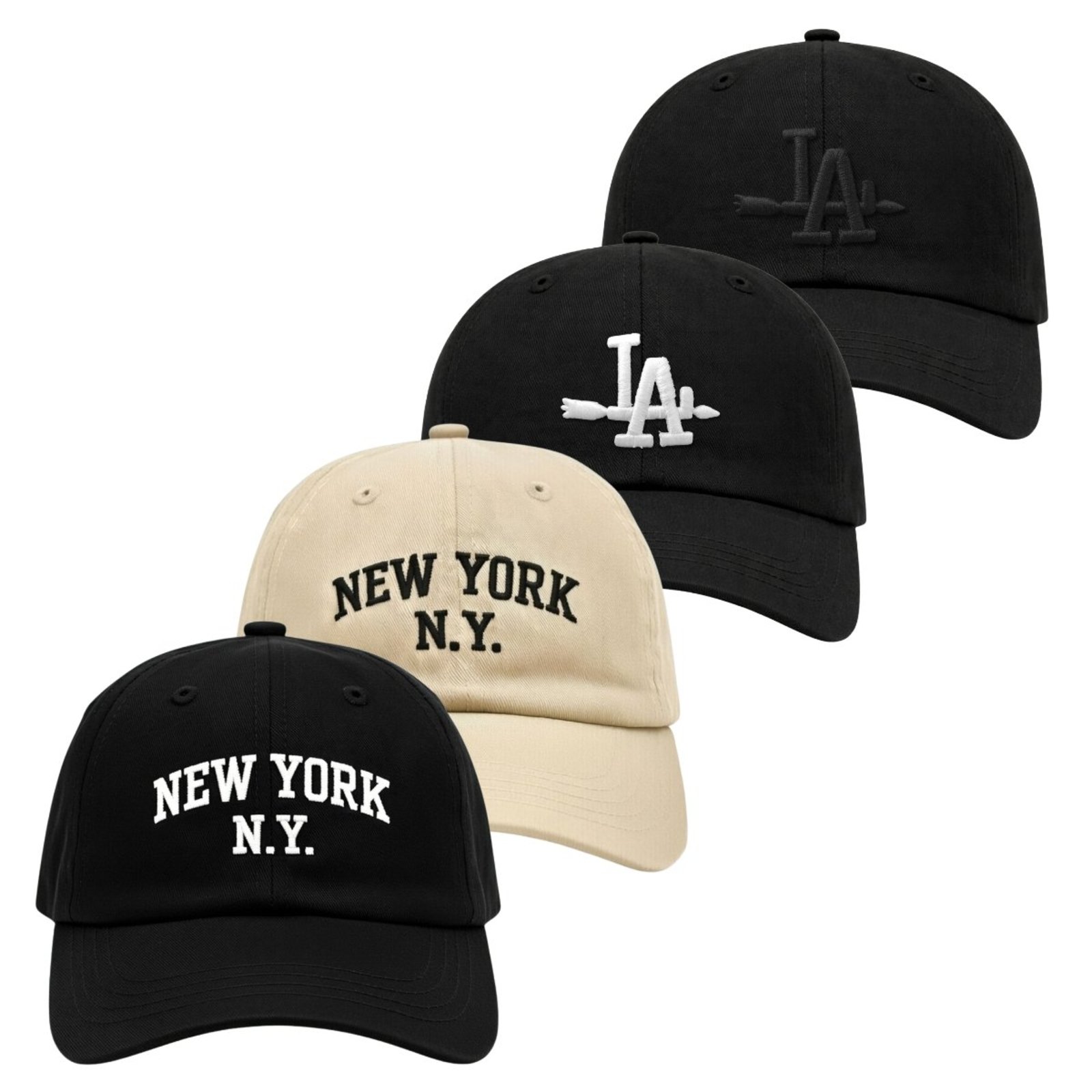 Kit 4 Bonés Bordado Aba Curva com Ajuste Relaxado Moderno NY LA Bordado