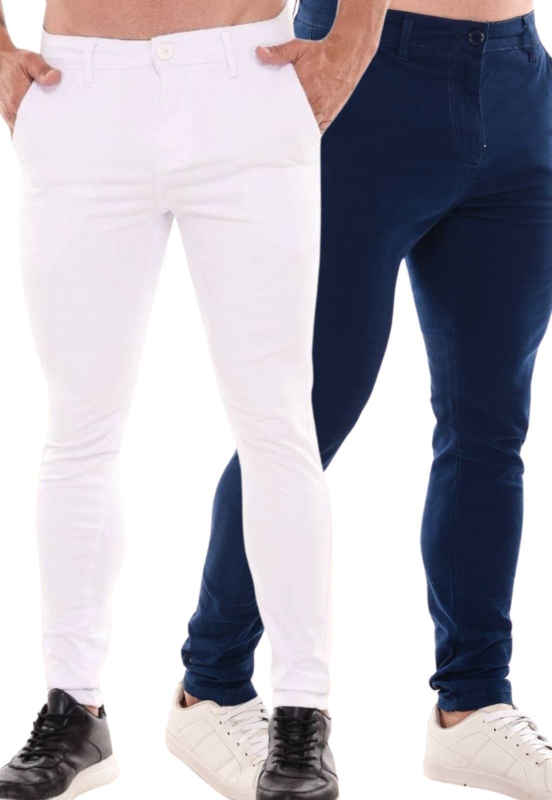 Kit 2 Calças Sarja Masculina Niha Jeans Confortável e Estilosa Azul Escuro e Branco