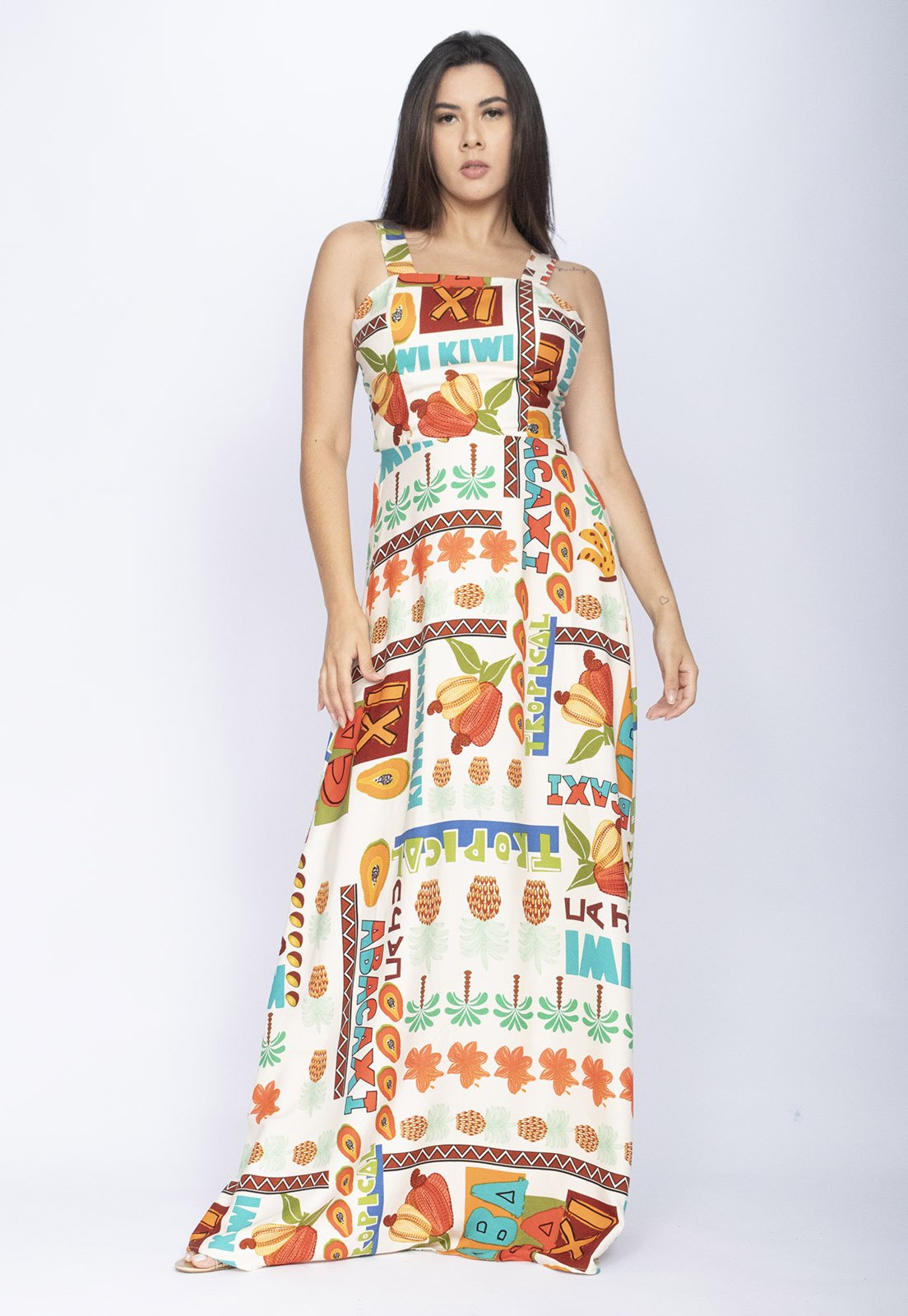 Vista 2 Vestido Amazônia Vital Regata Longo Estampa Frutas do Brasil Amazonia Vital branco/estampado