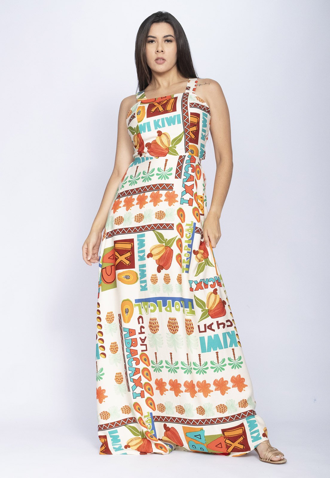 Vista 3 Vestido Amazônia Vital Regata Longo Estampa Frutas do Brasil Amazonia Vital branco/estampado