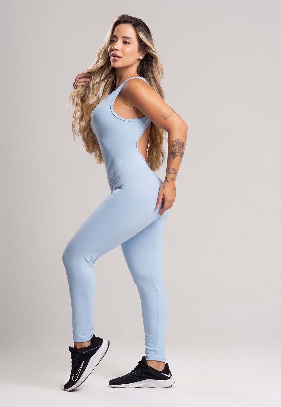 Macacão Costas Abertas MVB Modas Feminino Suplex Academia Fitness Poliamida Céu