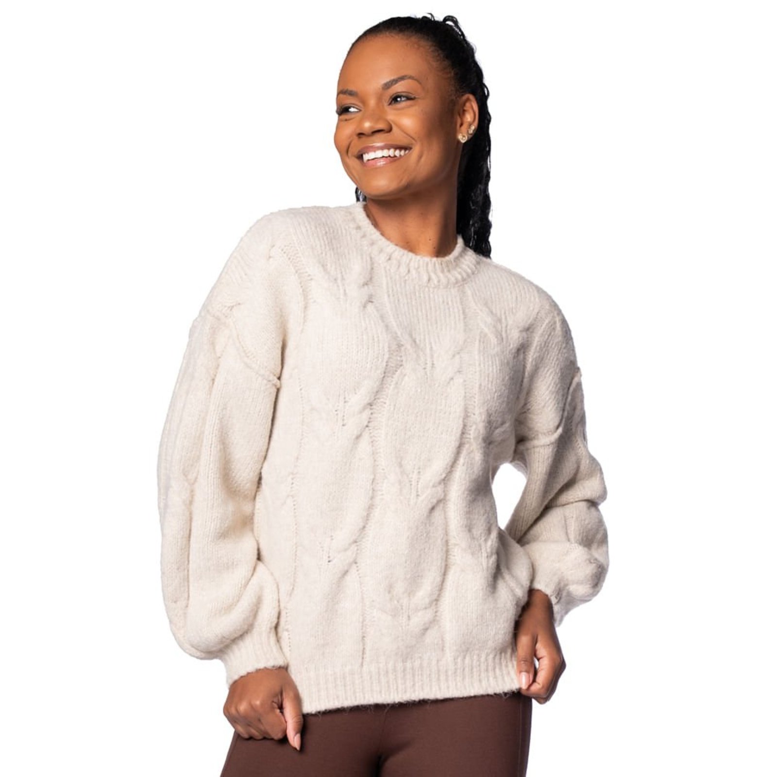 Blusa Feminina Biamar Tricot Tranças Bege Claro