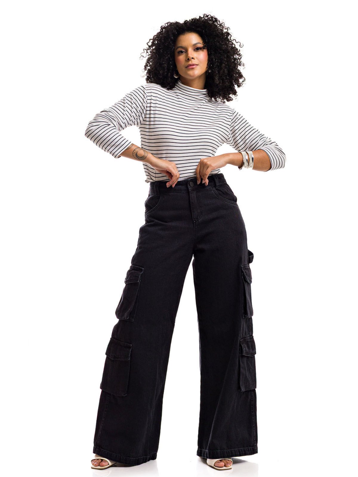 Calça Pantalona Cargo Restrito Jeans Black 8 Bolsos – Preto