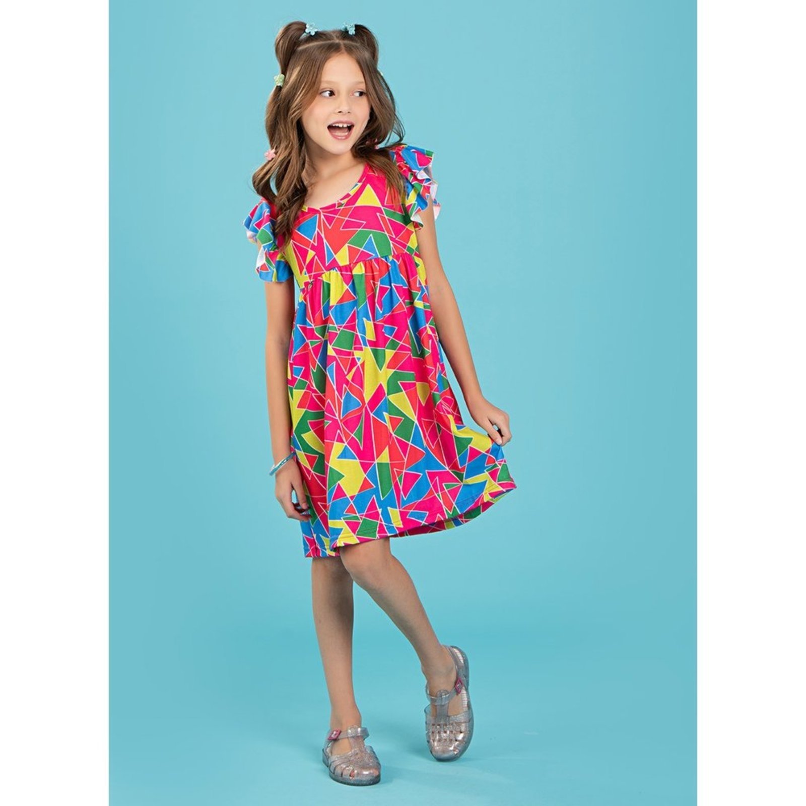 Vista 2 Infantil - Vestido Menina Cereja Com Manga Babado Geométrico Molekada rosa Molekada rosa