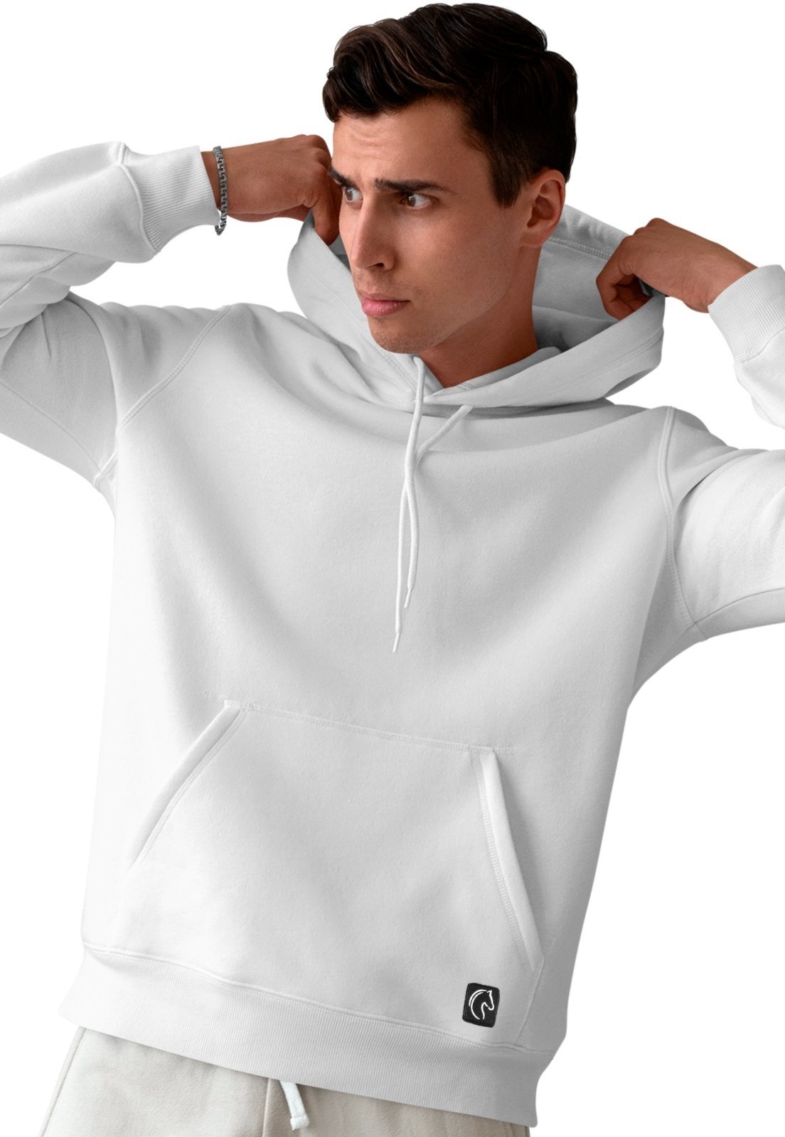 Blusa De Frio Masculina W2 Moletom Liso Com Capuz e Bolso Canguru Felpado Branco