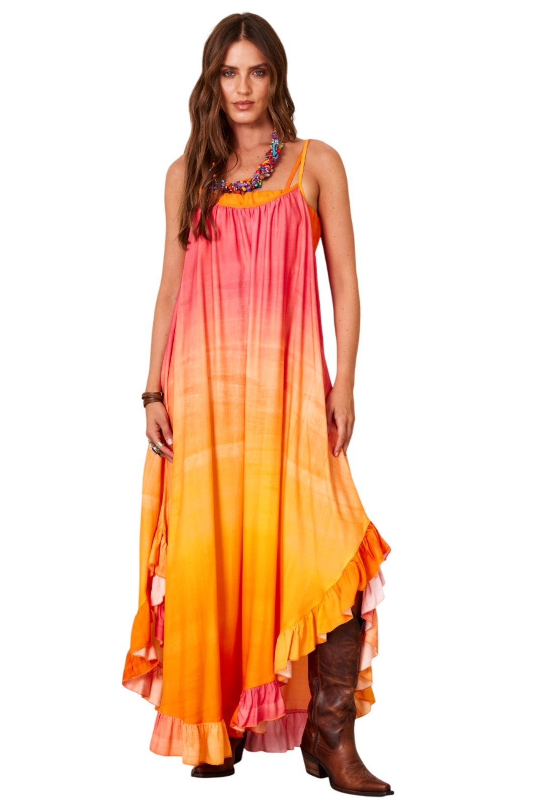 Vestido Midi De Alcinhas Rosa E Laranja Degradê Yacamim D16 – Tie Dye