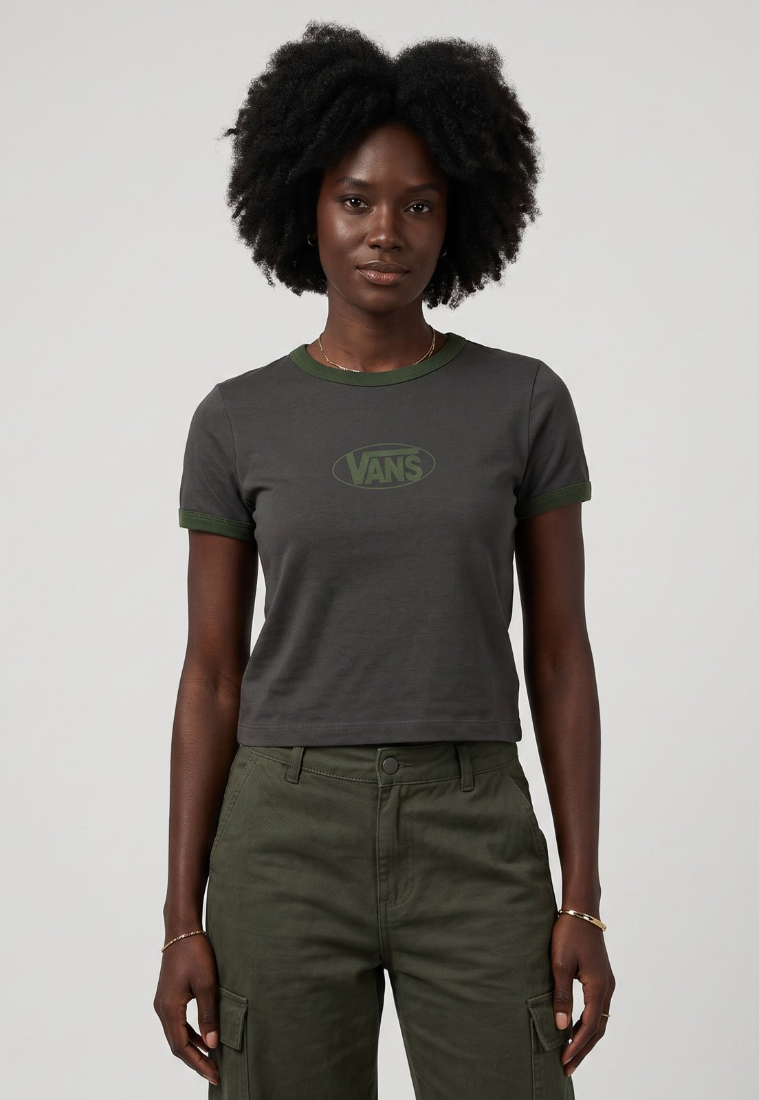Camiseta Feminina Vans Circle V Ringer Cinza