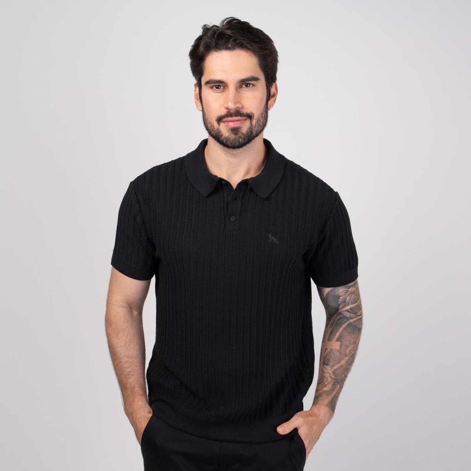 Camisa Polo Acostamento Tricotado Preta