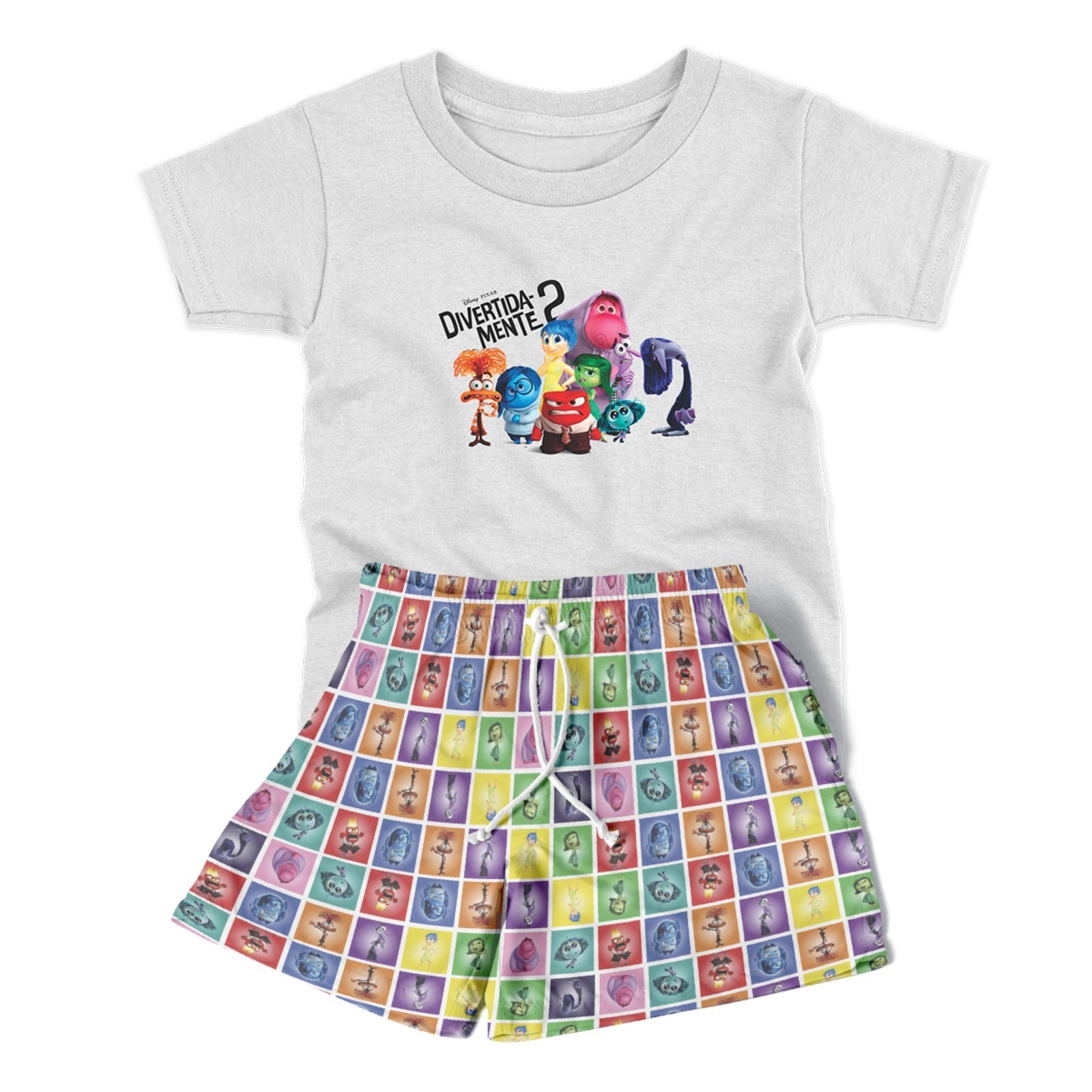Infantil – Conjunto Menino ou Menina 2pçs Camiseta Manga Curta e Shorts Personagens Divertidamente Colorido