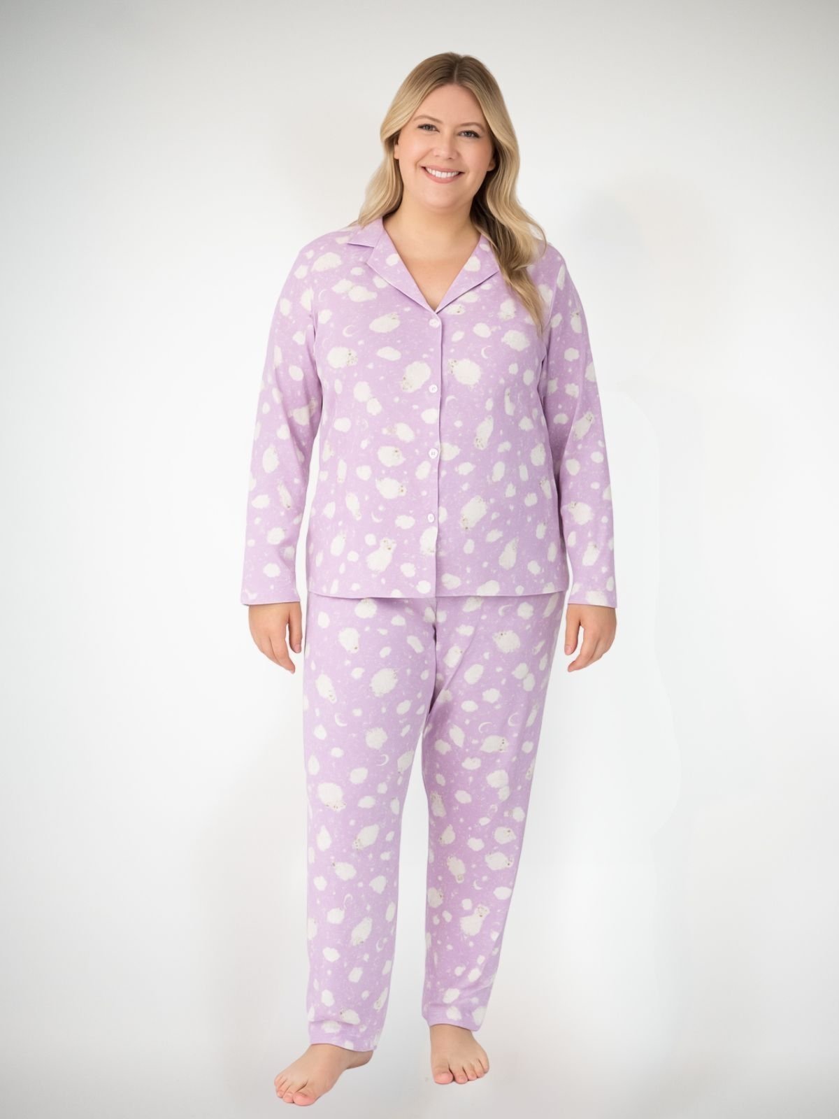 Pijama Algodão Plus Size Americano Longo Amanda – Ovelha Lilás