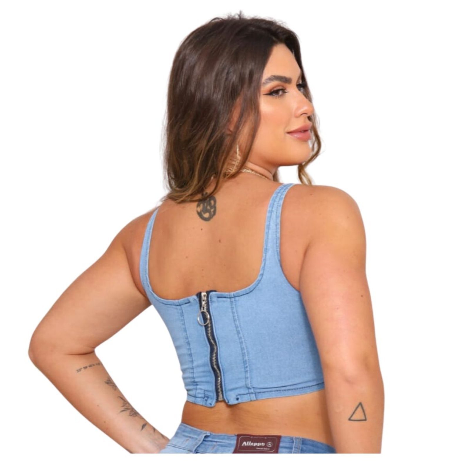 Vista 3 Top Cropped Claro Feminino Alleppo Jeans Aurella azul Alleppo Jeans azul