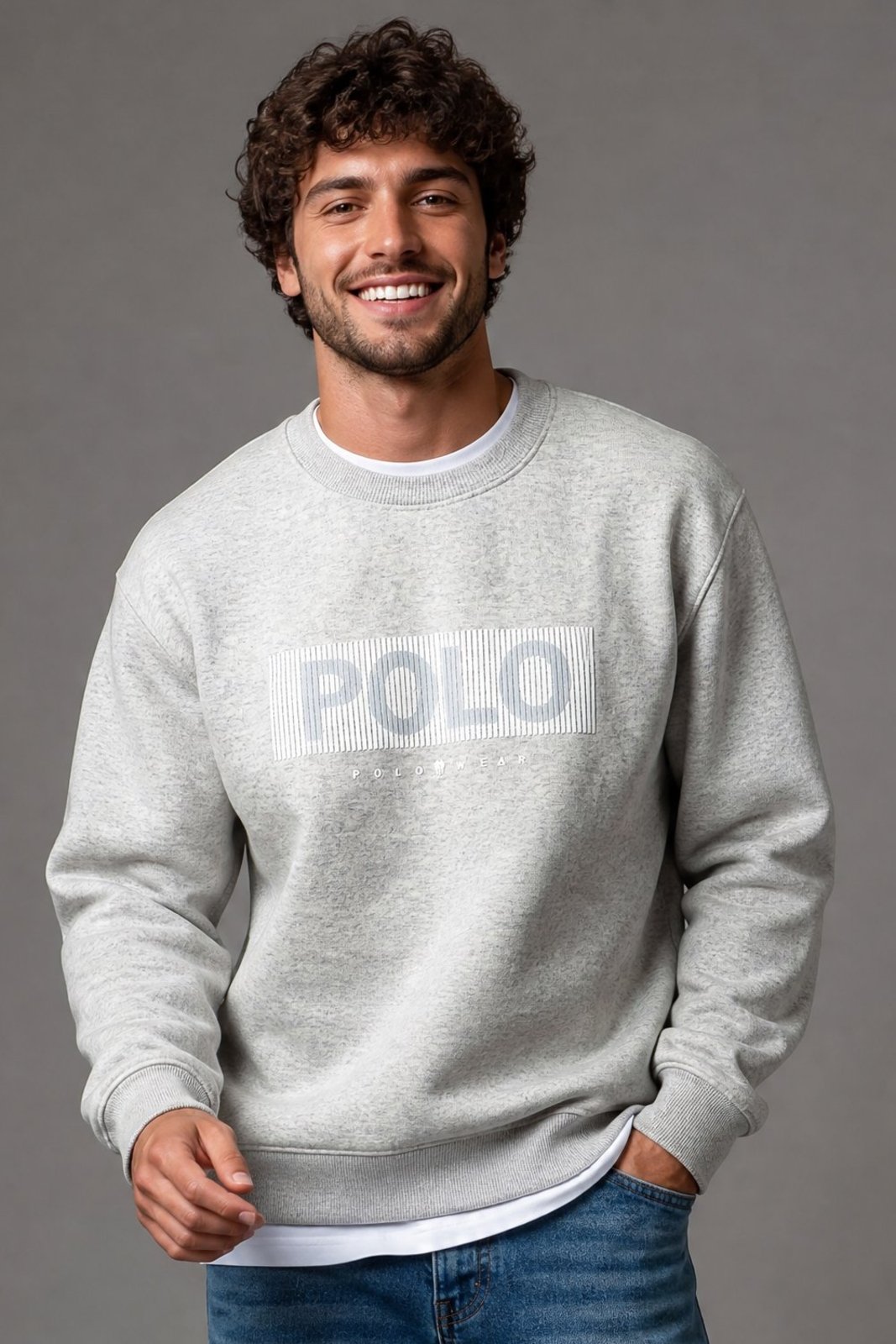 Blusa Moletom Gola Careca Silk Polo Wear Mescla Claro