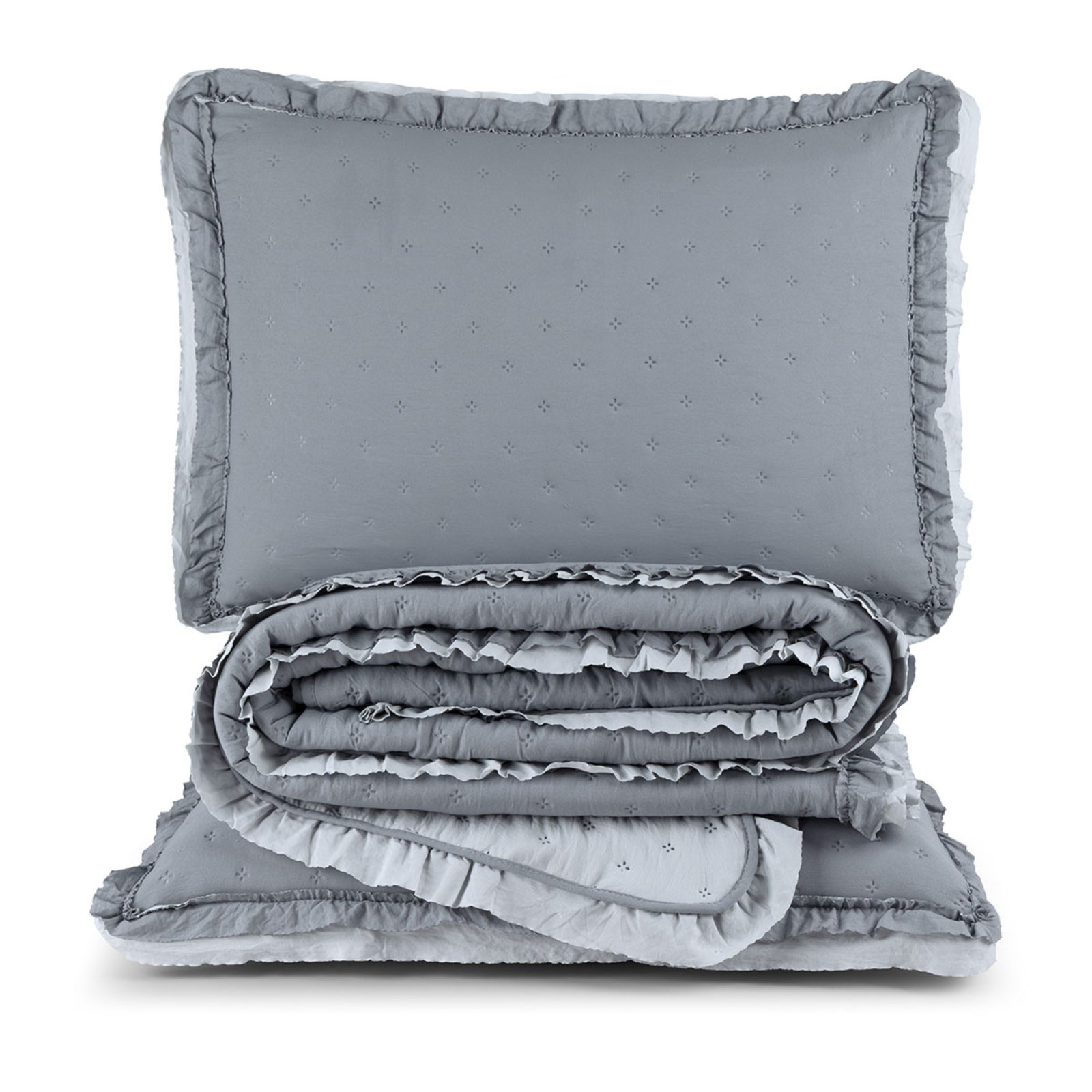 Kit Cobre Leito Colcha Casa Scarpa Vitta Casal Padrão Matelado c/ Babadinhos 200 Fios 3 Peças Cinza