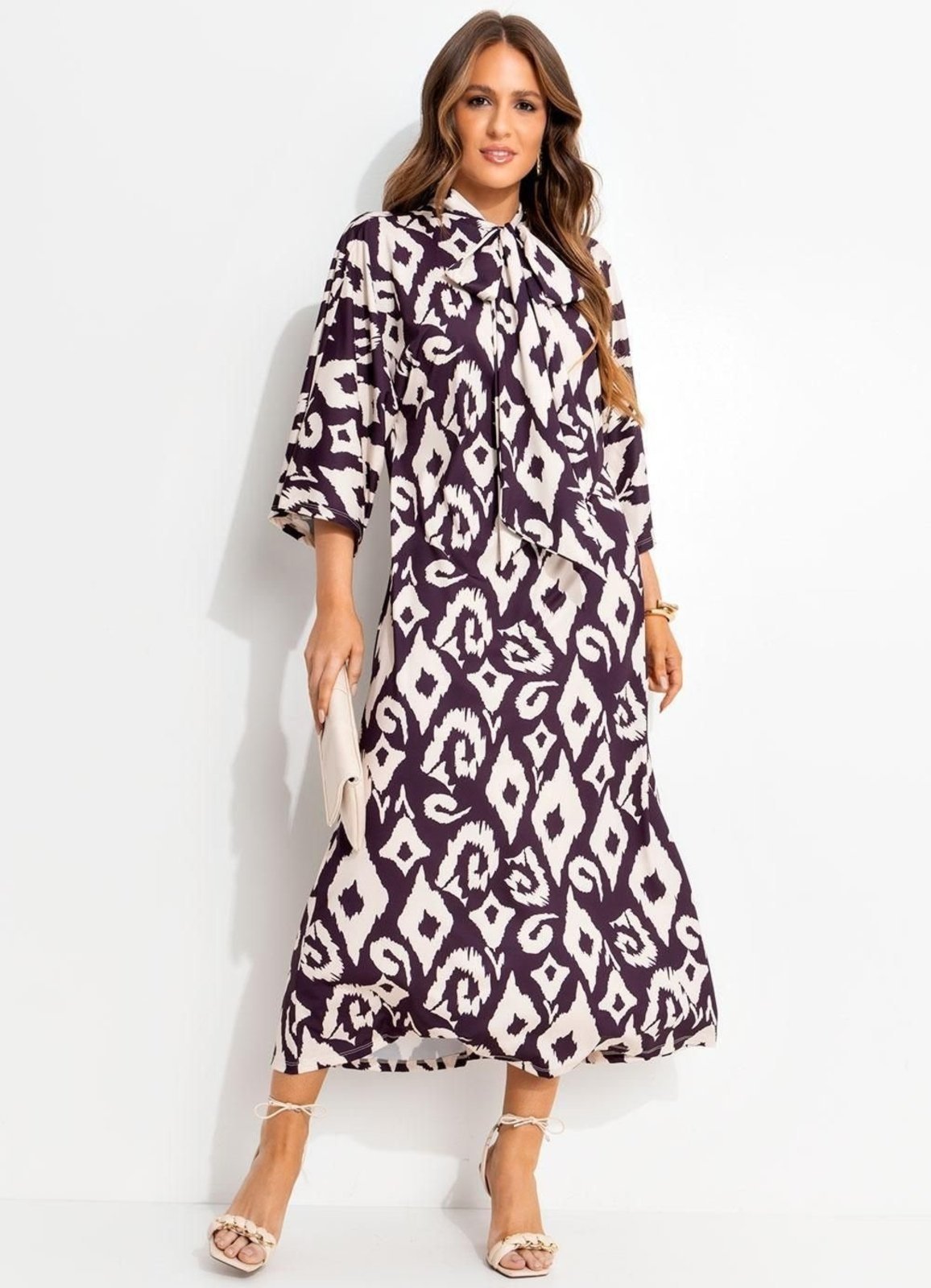 Vestido Feminino Étnico Bicolor Em Malha Fria Quintess
