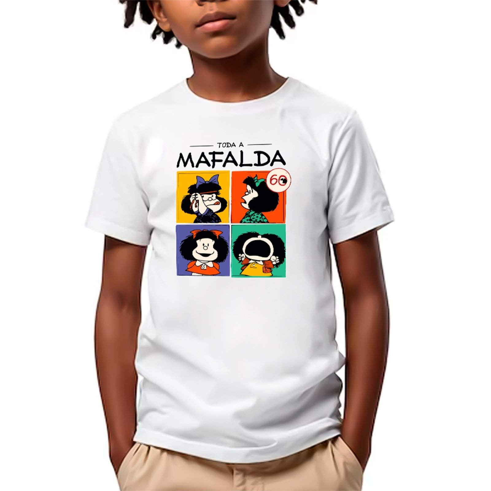 Infantil - Camiseta Garota Pensativa Estilo Cartoon Unissex Branco