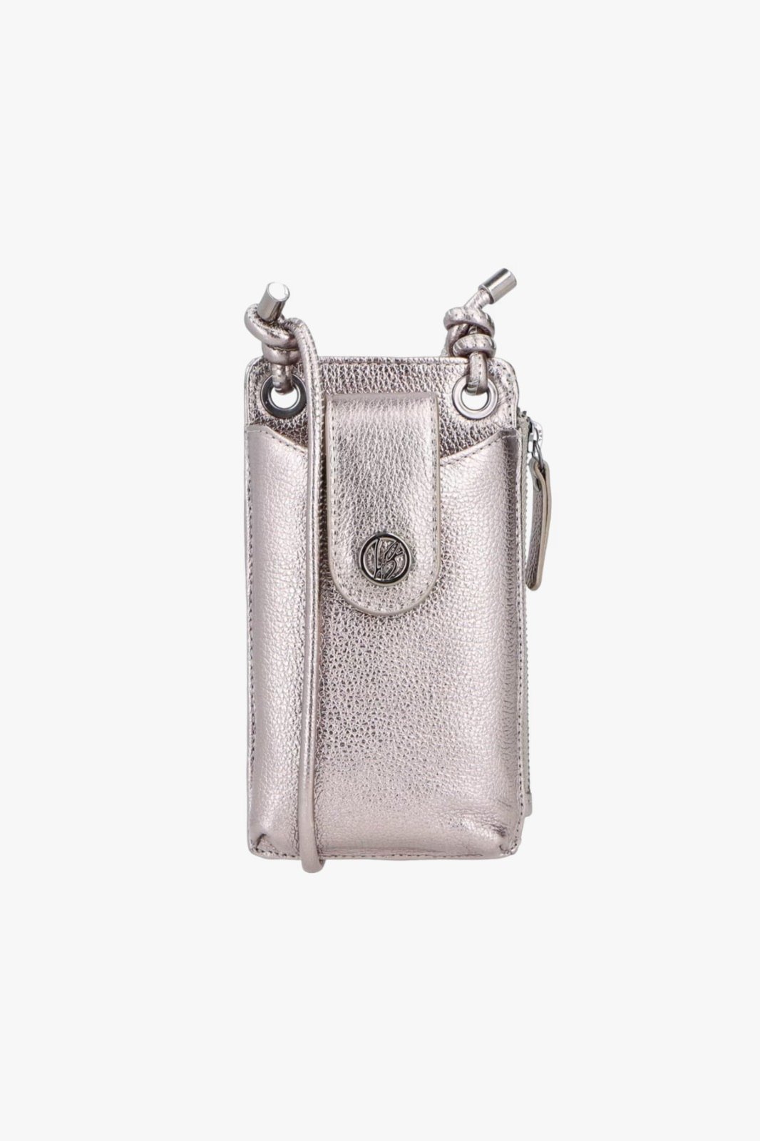 BOLSA PEQUENA PORTA-CELULAR EM COURO METALIZADO TITÂNIO COM ALÇA DE NÓ