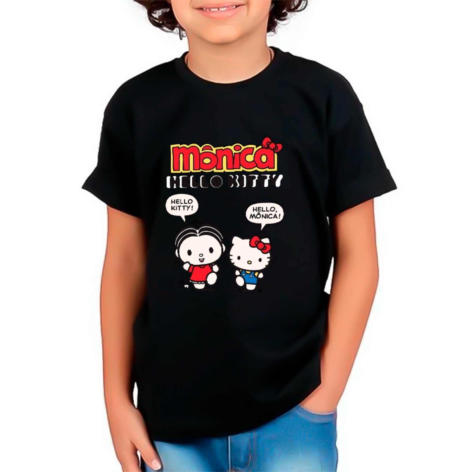 Infantil - Camiseta Monica Hello Kitty Cartoon Fofo Unissex Preto