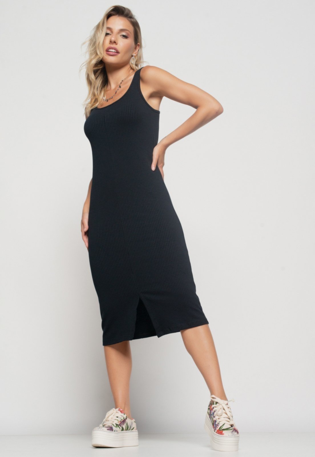 Vestido Salvatore Midi Fenda Canelado Preto