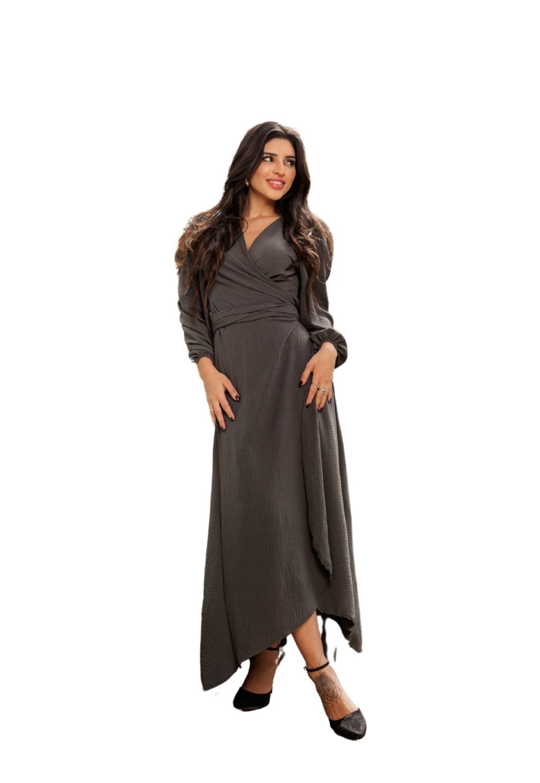 Vestido Midi Envelope Manga Longa Transpasse Cinza