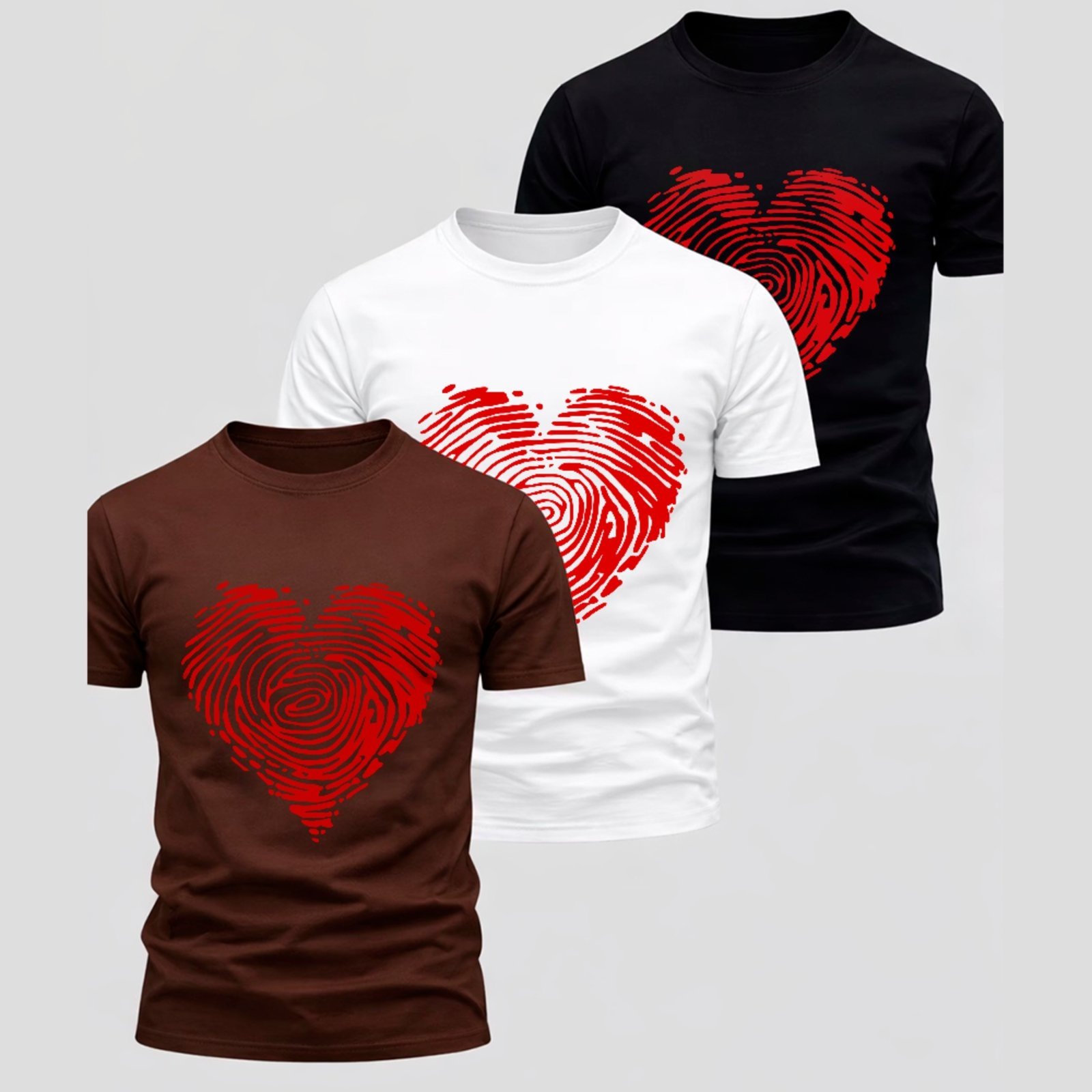 Vista 2 Kit 3 Camisetas Básicas Coração Impressão Digital Estilo Minimal Unissex Algodão Premium ousy branco/marrom/preto ousy branco/marrom/preto
