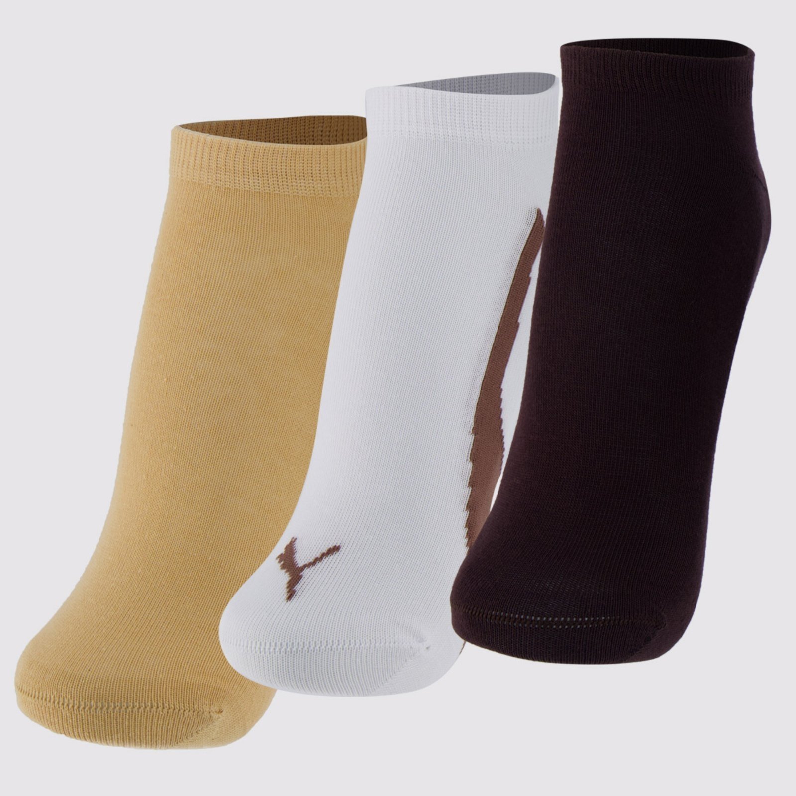 Vista 2 Kit Meia Puma Sapatilha 3 Pares Preta Branca e Bege marrom Puma marrom
