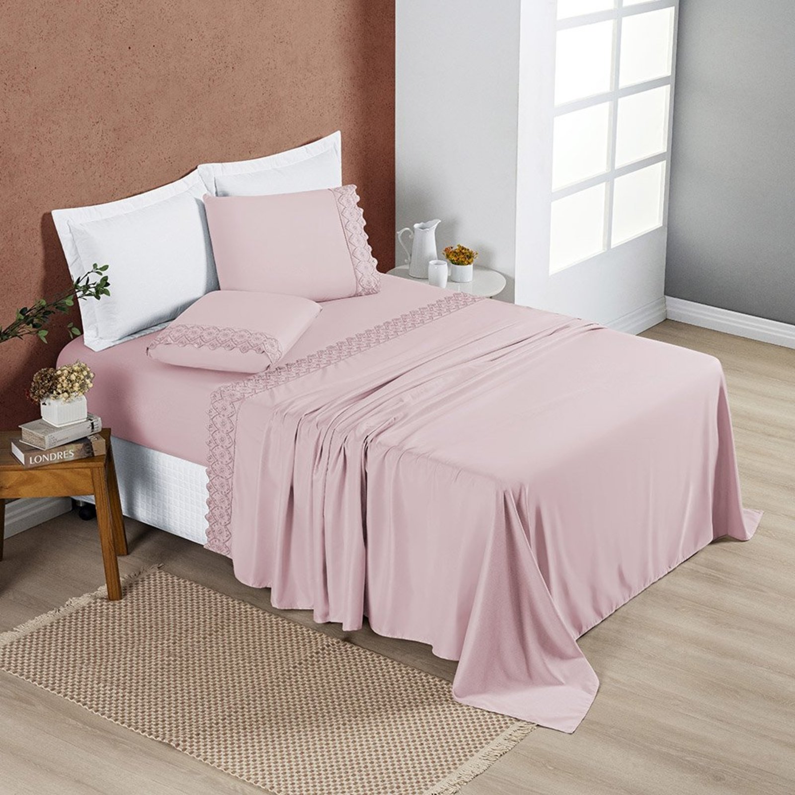 Jogo Cama Lençol Divino Lese Queen 4 Peças - Rosê - 100% Poliéster