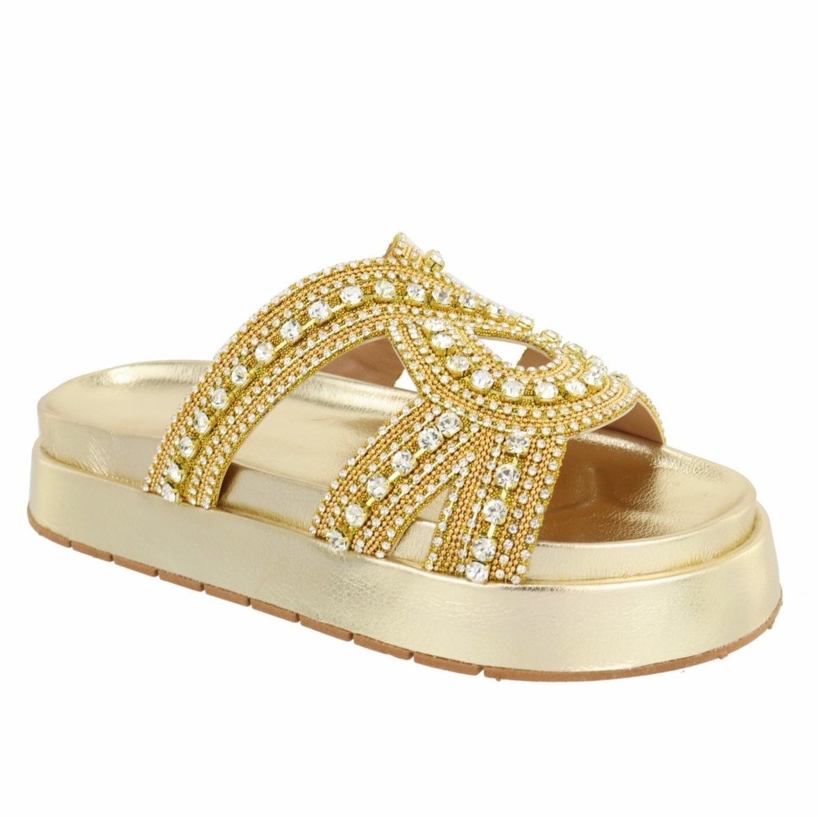 Sandalia Papete Flatform Strass Pedraria Brilho Sola Alta Lançamento Ouro Light