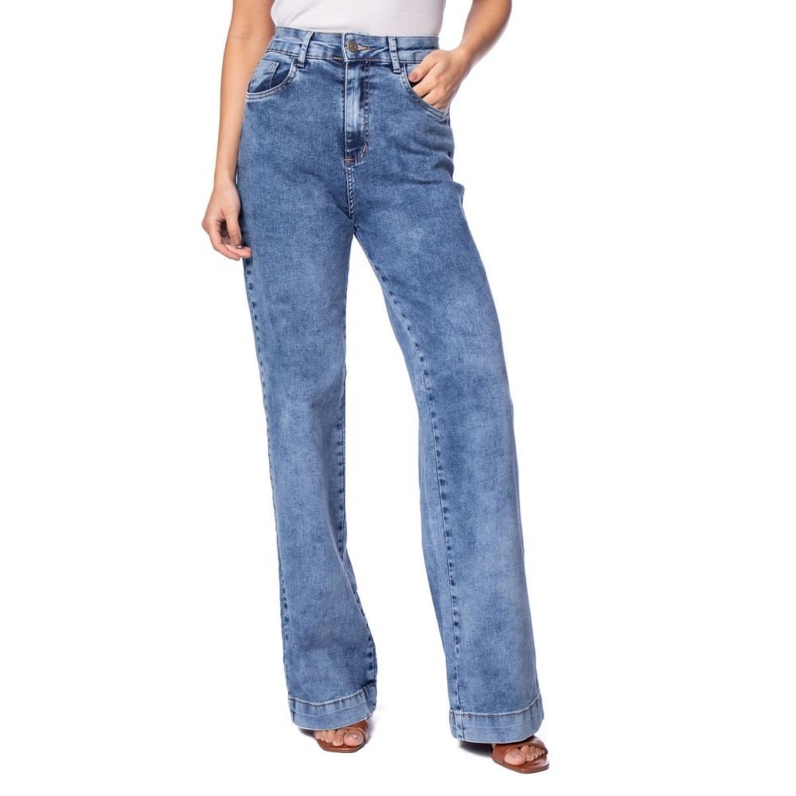 Calça Jeans Feminina Sawary Wide Leg Estonada Azul