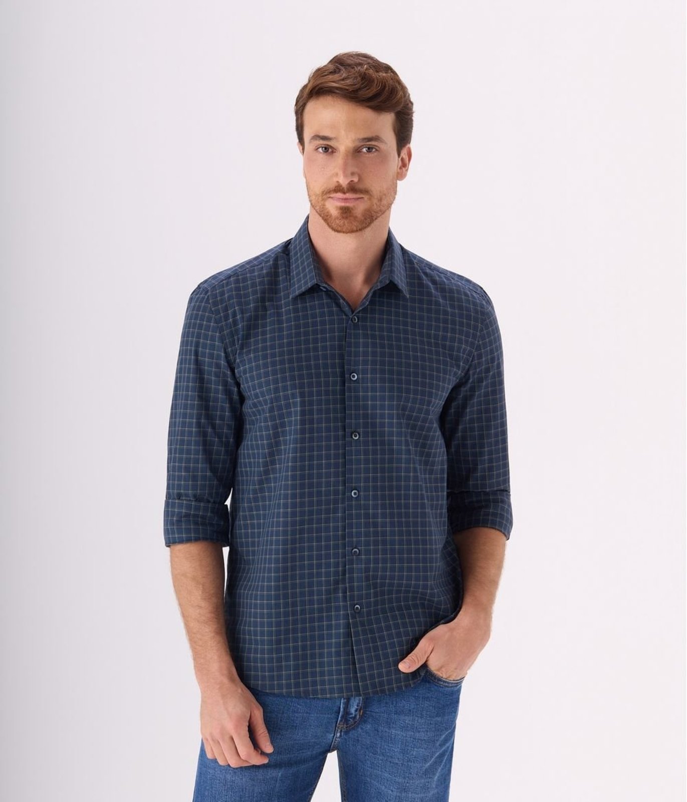 Camisa Slim Makenji Xadrez Masculina Azul Marinho