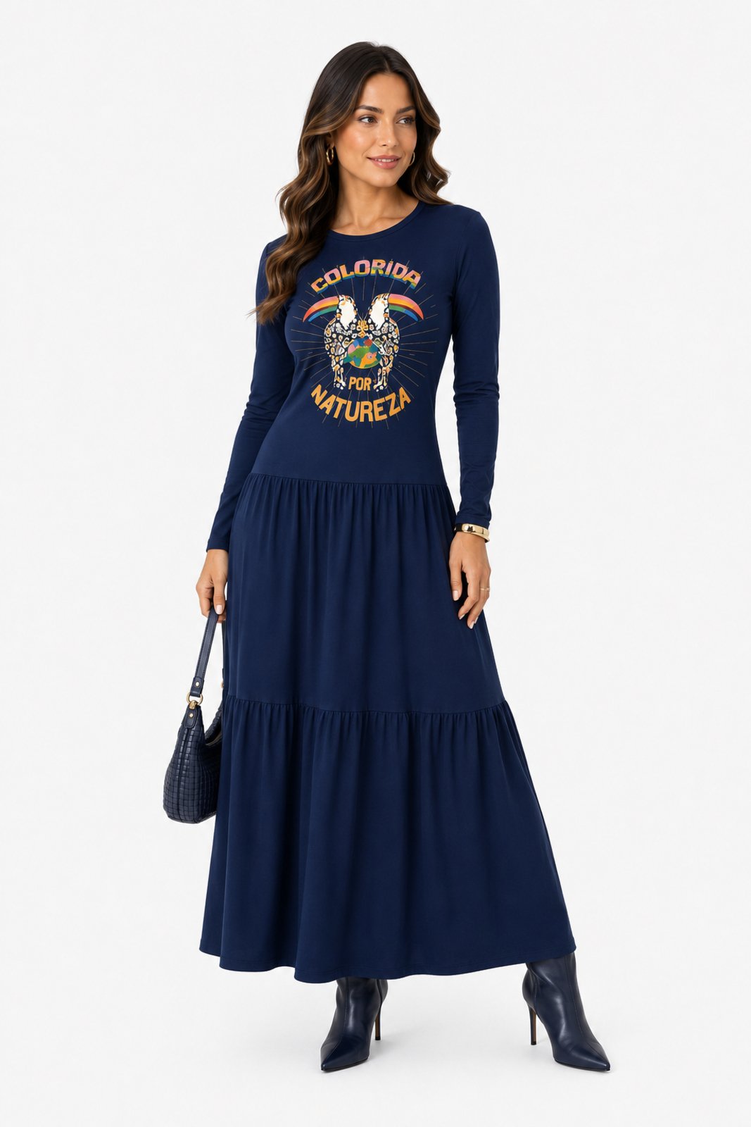 Vestido Midi D Bell Outlet Fashion Manga Longa Azul Marinho
