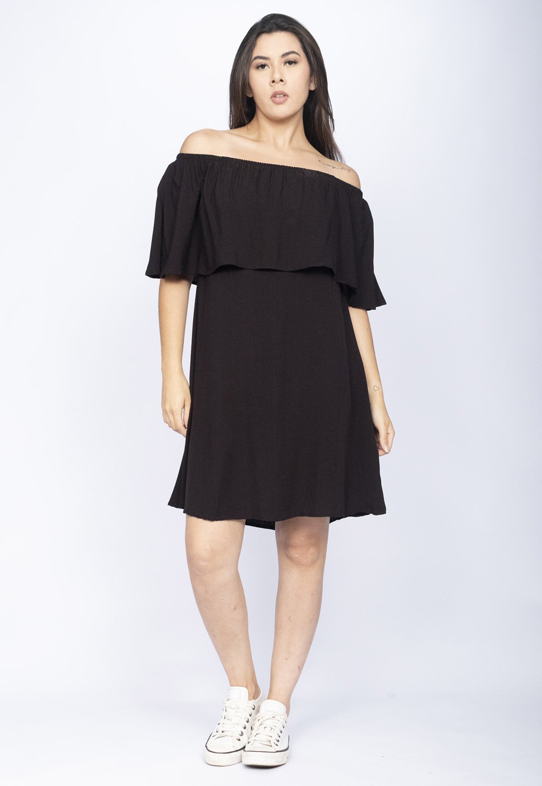 Vestido Curto Cabiúna Viscose Amazonia Vital Ombro a Ombro Babados
