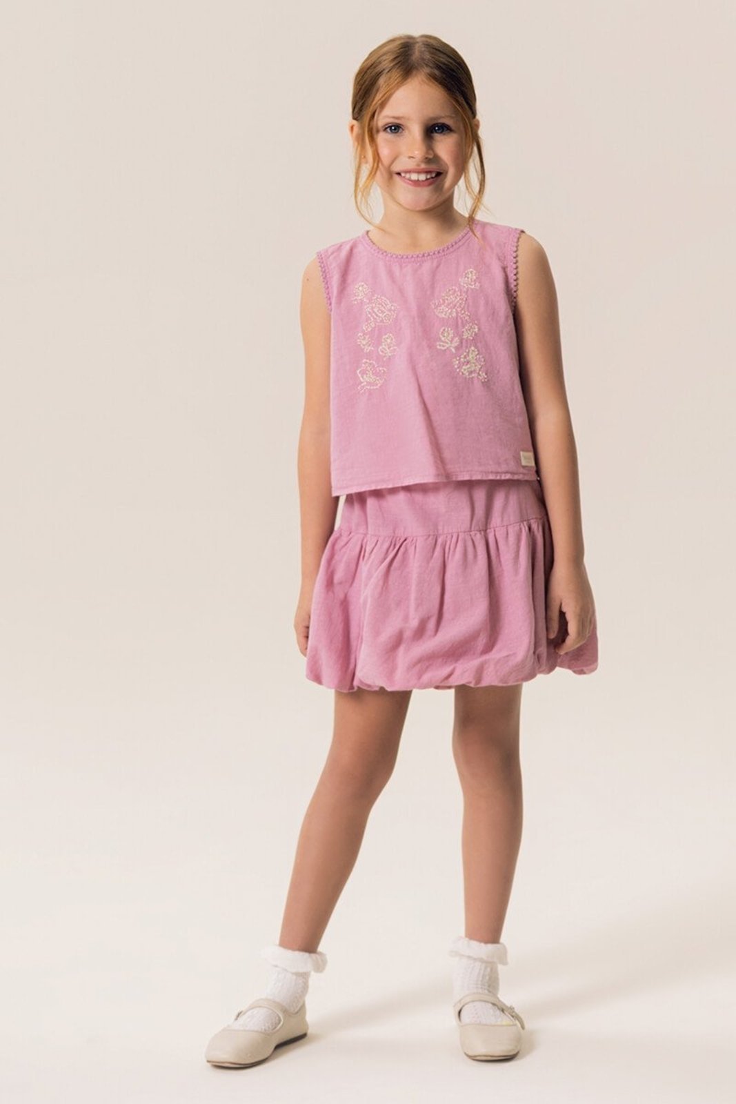 Infantil - Conjunto Menina Bugbee em Blusa Com Saia Balonê em Cambraia