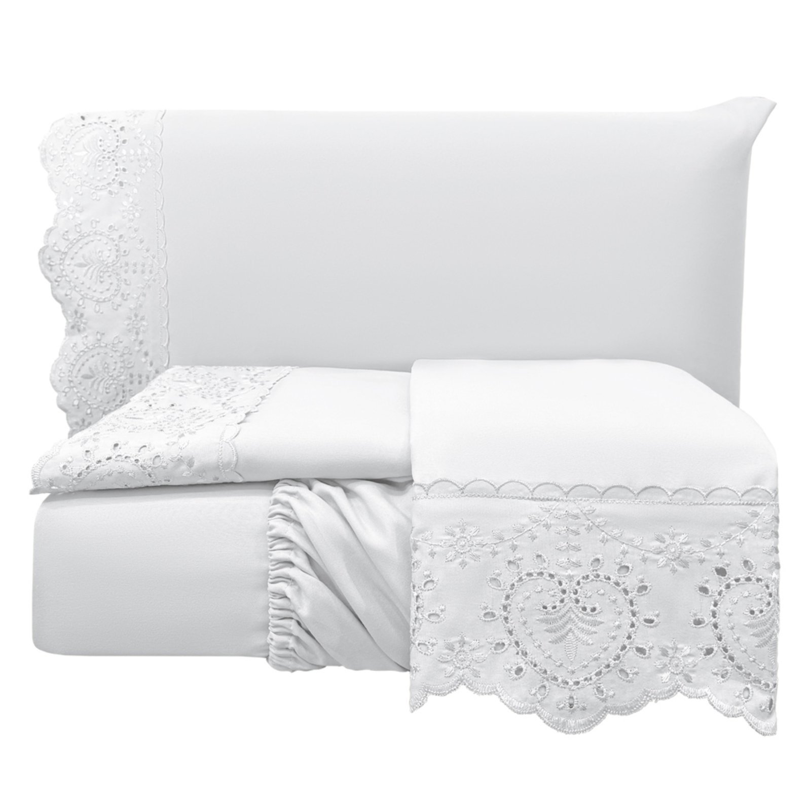 Jogo Cama Lençol Casa Scarpa Detail Casal Padrão Bordado Guipir Bordado Inglês Percal 300 Fios 4 Peças - Branco