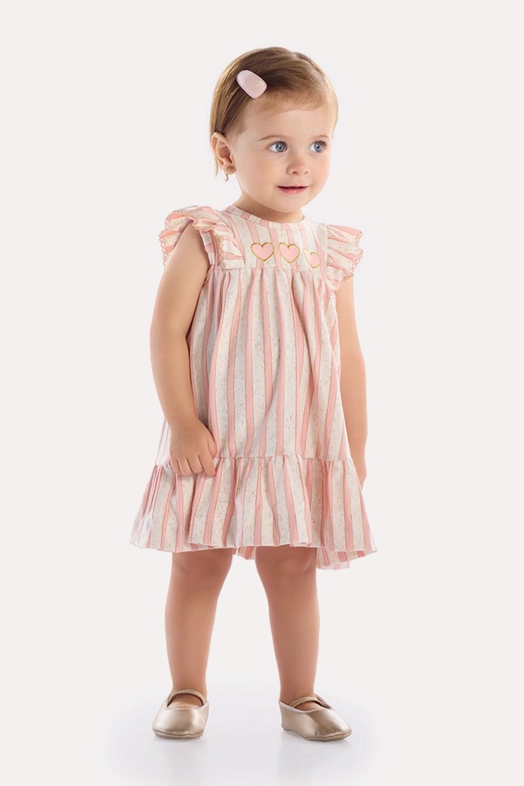 Infantil - Vestido Rosa Listrado com Brilho e Bordado