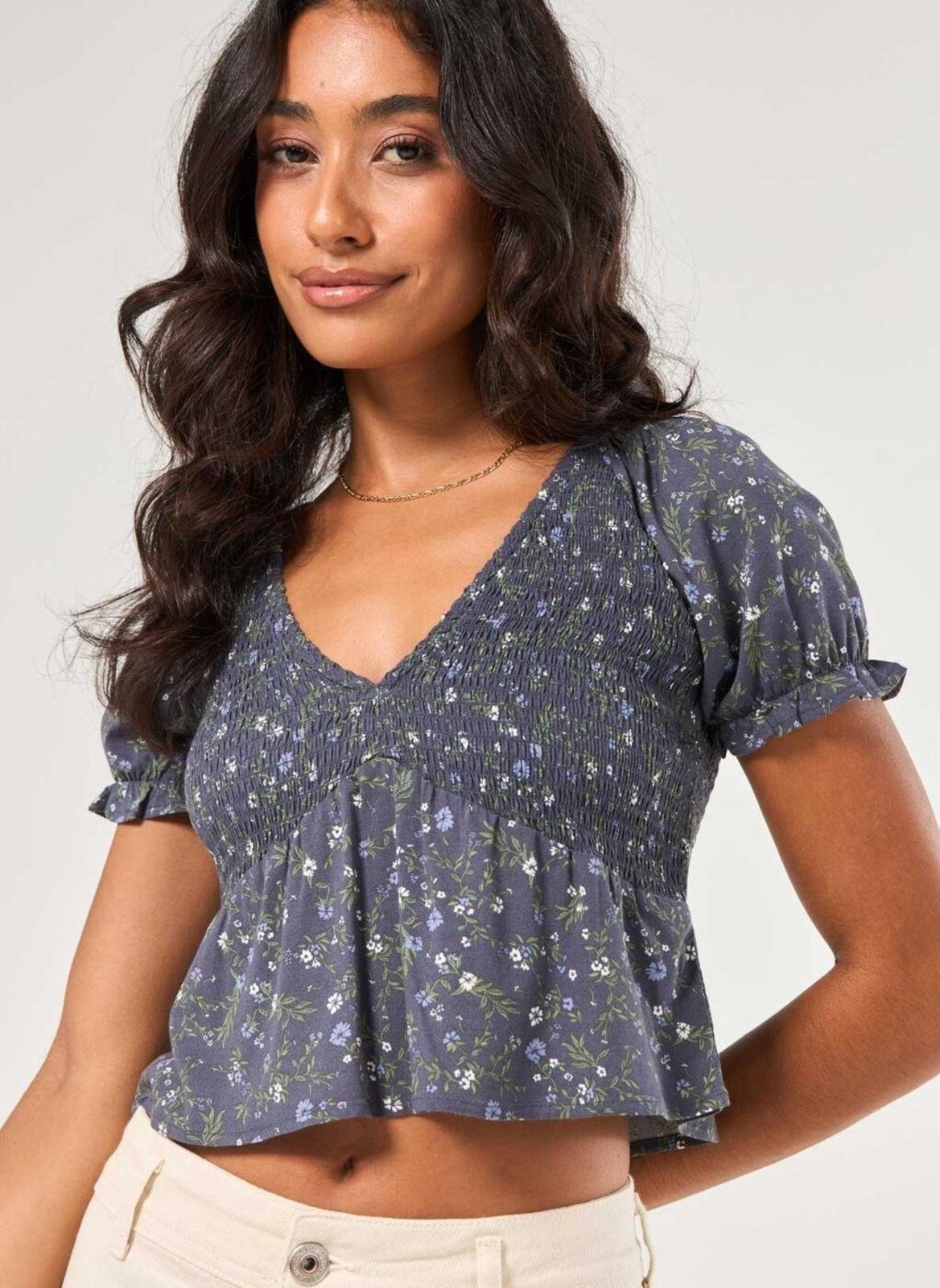 Blusa Azul Florida Com Lastex