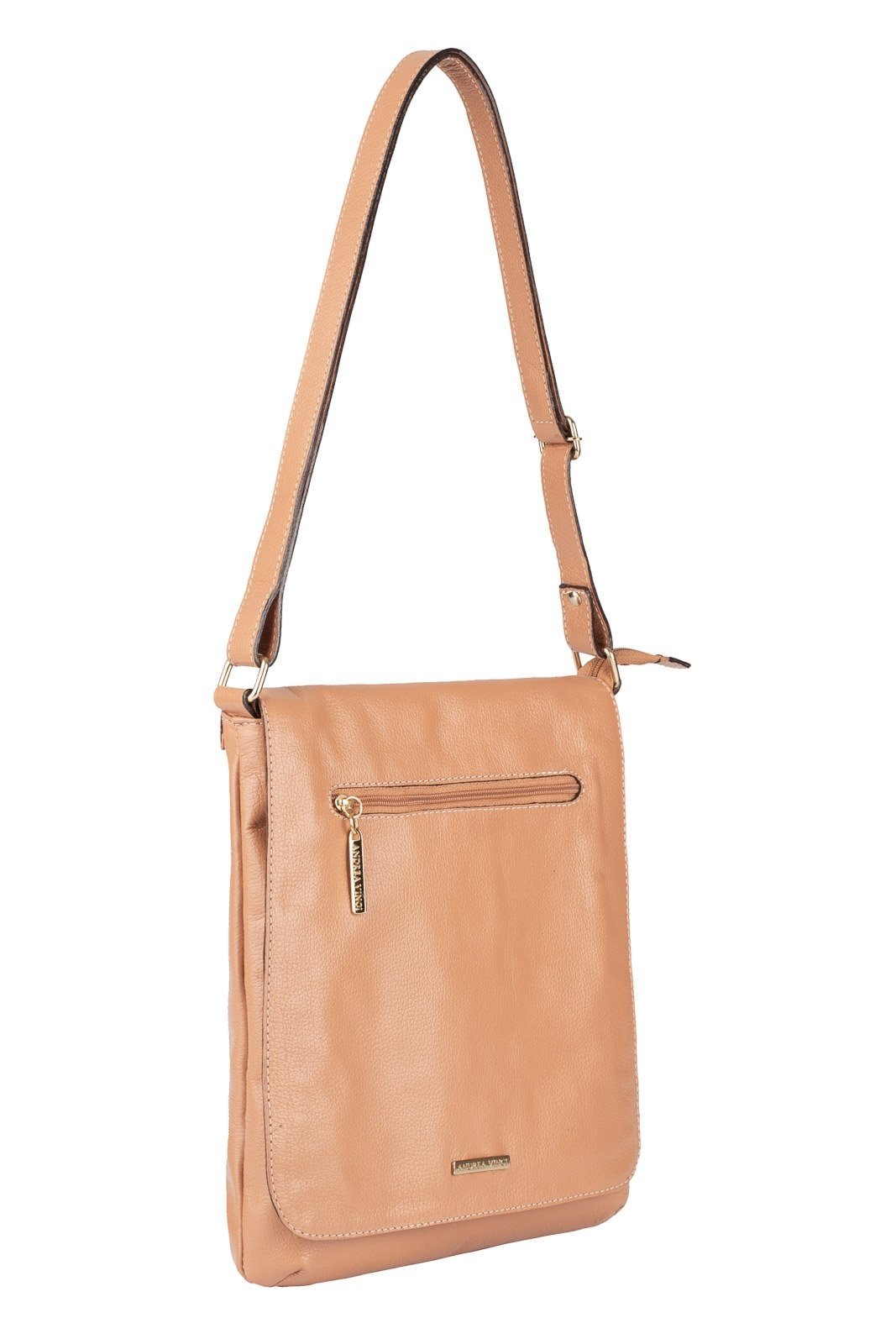 Bolsa transversal grande de couro liso Karina - Bege